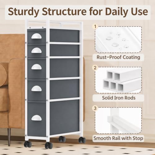 LASZOLA Narrow Cabinet Slim Storage Cart for Bathroom Small Space, Gray - Image 7