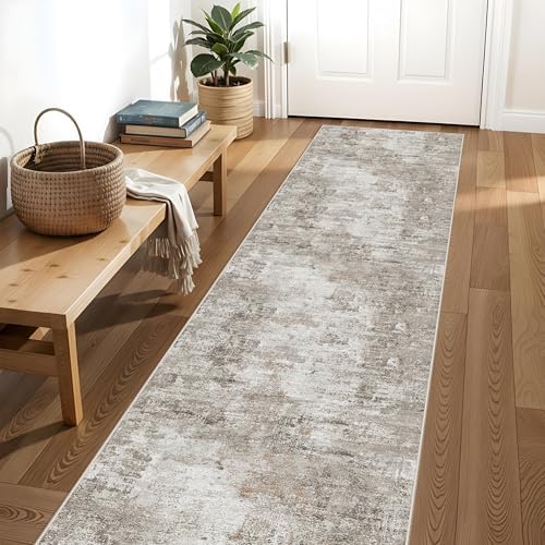 Long Runner Rug for Hallway 2x10 Ft - Non-Slip Washable Carpet Runner for Kitchen Hall Indoor Entryway, Bedroom, Living Room, Modern Abstract Low-Pile （Beige Grey） by ZHXXUJ