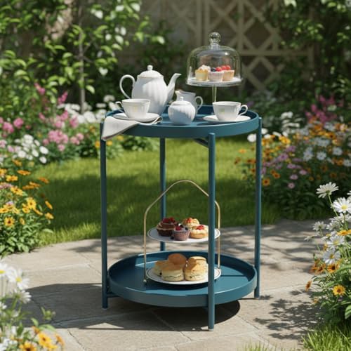 danpinera 2-Tier End Table, Outdoor Side Table Metal Round Side Table with Removable Tray, Small Accent Table, Anti-Rust Nightstand for Bedroom Balcony Patio Living Room (Navy Blue) - Image 6