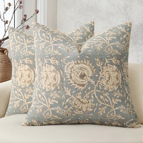 Vintage Floral Print Throw Pillow Covers 26x26 Set of 2 Neutral Modern Farmhouse Pillowcases Accent Decorative Cushion Covers Boho Home Decor for Couch Sofa Chair Bed Living Room, Sky Blue by DKwizme