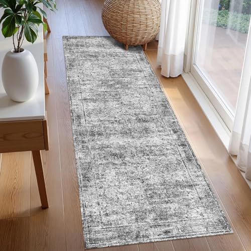 Washable Area Rug 2'6'' x 8' Vintage Traditional Persian Mat - Foldable Distressed Non-Slip Machine Washable Carpet for Living Room Bedroom Kitchen Home Decor - Graphite and Mist - Image 3