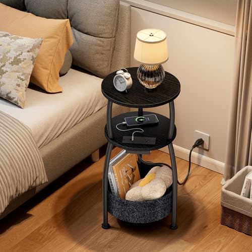 Side Table with Charging Station, Small Round End Table with Basket - Image 7