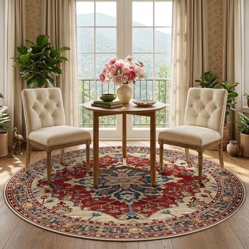 RELEANY Washable Area Rug, Round 5ft, Red/Blue - Image 3