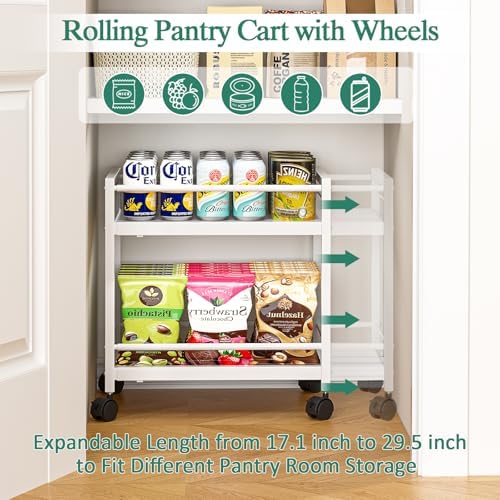 2-Tier Expandable Rolling Pantry Cart with Wheels, Adjustable Floor Organizer for Kitchen Pantry, Can Organizer for Pantry, Storage Cart for Snack, Food, Vegetables, White, Patent Pending - Image 2