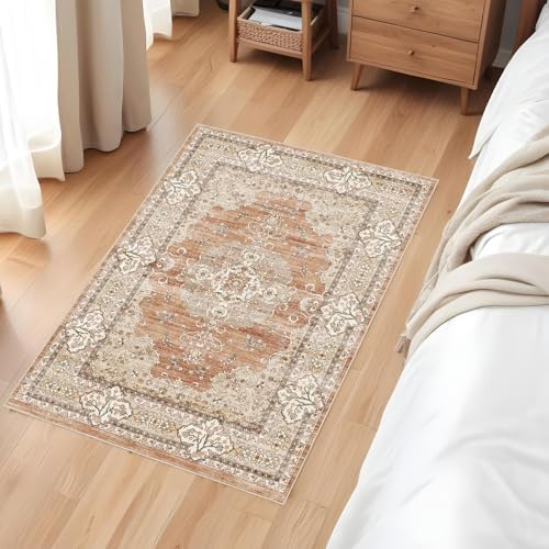 2x3 Washable Entryway Area Rug - Non-Slip Boho Throw Rugs Terracotta Beige - Image 3