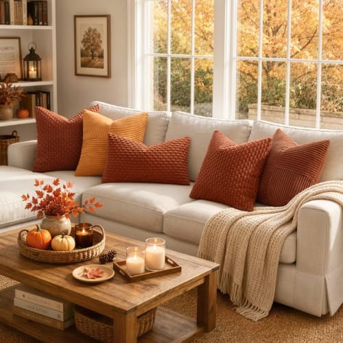 MIULEE Fall Decorative Throw Pillow Covers 18x18 Rust Textured Corduroy - Image 4