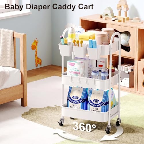 3 Tier Heavy Duty White Metal Rolling Cart with Lockable Wheels,Roller Cart - Image 4