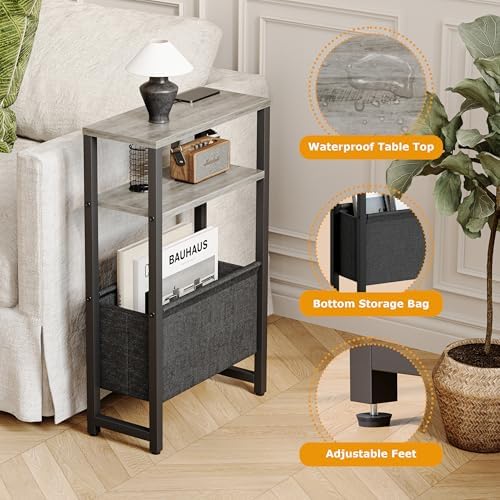 Narrow Side Table, Slim End Table with Magazine Rack, Skinny Bedside Table for Small Spaces, 3 Tier Sofa Couch Table Nightstand for Living Room, Bedroom,Oak Grey LET503Q - Image 4