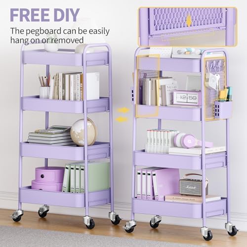 TOOLF 4 Tier Rolling Cart, Metal Utility Storage Cart with Pegboard, Purple | 2 Bins & 4 Hooks, Screwless Assembly, Lockable Wheels, Trolley Organizer for Bathroom, Kitchen, Office, Dorm, Craft Room - Image 6