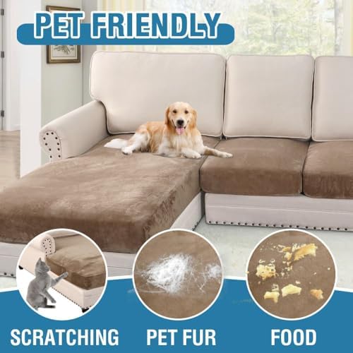 H.VERSAILTEX Velvet Stretch Sectional Couch Cover - 4 Pieces for L Shape Sofa With Separate Seat Cushion Covers - Fits Both Left/Right Sectional (Large 3 Seater + 1 Chaise, Camel) - Image 3