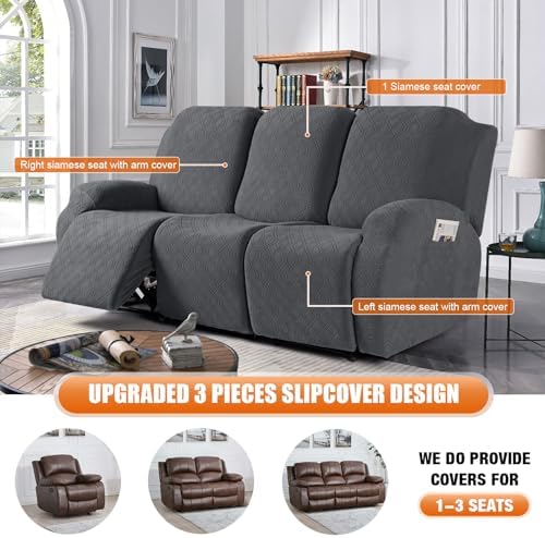 VANSOFY Stretch Recliner Couch Cover, Slipcover, Charcoal Gray, 3 Seater - Image 4