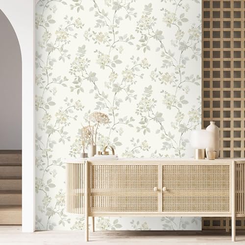 Vinjiasin 16.1"x 393.7" Peel and Stick Wallpaper Modern Beige Floral Contact Paper Self Adhesive Removable Flower Leaf Wall Paper for Bedroom Bathroom Livingroom Decorative - Image 2