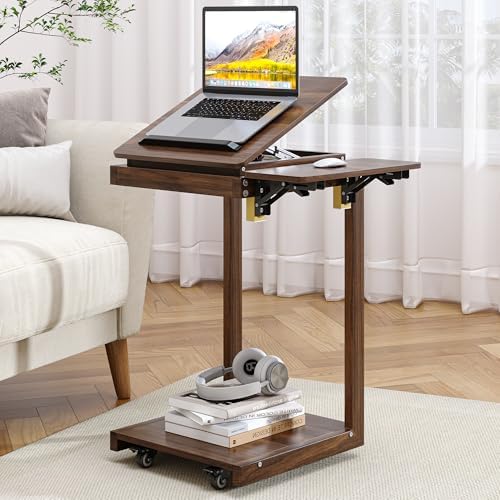 OtterOasis C Shaped End Table for Couch Rolling Side with Wheels Walnut by OtterOasis
