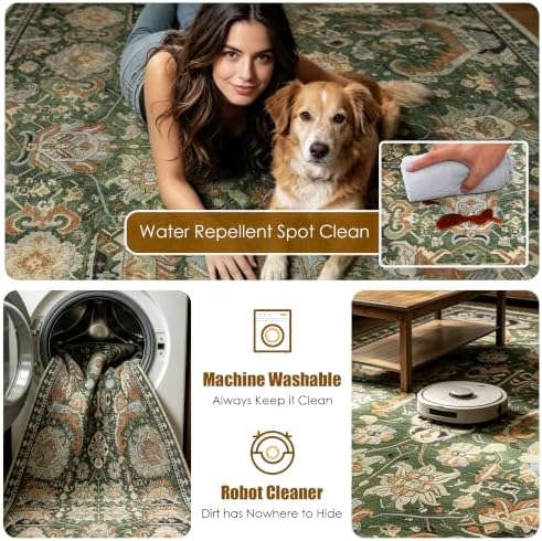 RUGSURE Washable Area Rugs - Perfect for Living Room, Bedroom, Kids Room, Nursery - Stain & Water Resistant Non-Slip, Pet & Child Friendly, Vintage Tribal Area Rugs (Green, 5' x 7') - Image 7