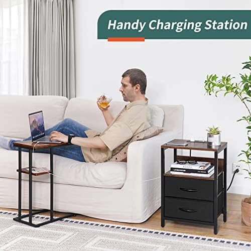 Yoobure Nightstand with Charging Station, Small Night Stand with Fabric Drawers and Storage Shelf for Bedrooms, Nightstands for Small Spaces, Bedside Table with USB Ports & Outlets, Bed Side Table - Image 4