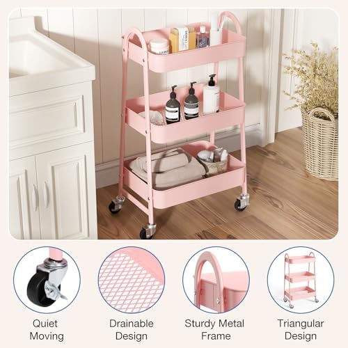 DUMOS 3 Tiers Rolling Cart, Utility Cart, Metal, Pink - Image 3