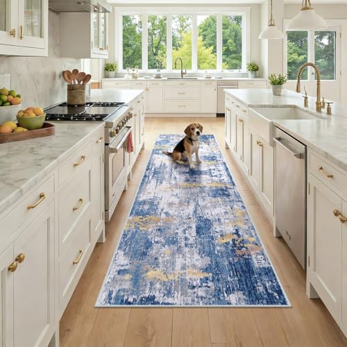 RELEANY Washable Runner 2'6"x8' Abstract Area Rug for Hallway Blue Gold by RELEANY