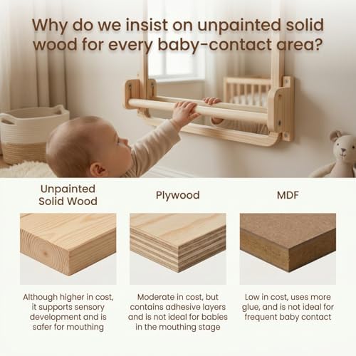 Woodtoe Montessori Mirror with Bar, Adjustable Baby Pull to Stand Toys 6M+ - Image 5