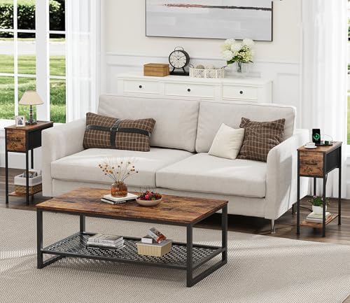 Vagusicc End Table Set of 2 with Charging Station, Narrow Side Table Nightstand with Fabric Drawer, Slim Nightstand for Bedroom, Small Bedside Table, Slim Side Table for Small Spaces, Rustic Brown - Image 4