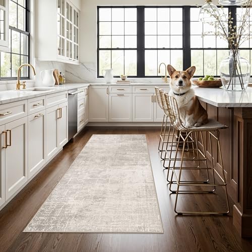 3x6 Washable Hallway Runner Rug: Abstract Stain Resistant Bathroom Kitchen Rug Farmhouse Ultra Soft Bedroom Entryway Print Floor Mat Thin Non-Slip Indoor Carpet for Living Room Laudry(3x6,Beige/Cream) - Image 2
