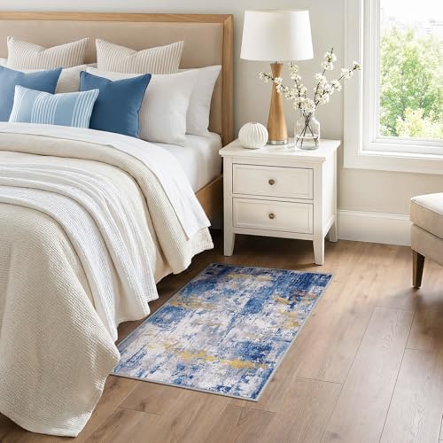 RELEANY Washable 3'x4' Abstract Area Rug for Living Room Blue Gold by RELEANY