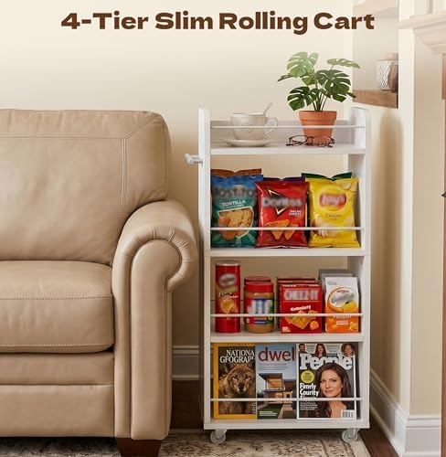 Slim Rolling Storage Cart,4 Tier White Rolling Utility Cart Slide Out Rack - Image 5