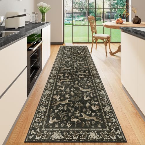 DUKINO 2x10 Rug for Hallway, Washable Kitchen Runner Rug with Non Slip Backing, Soft Low Pile Vintage Animal Runner for Bedroom, Kitchen, Hallway, Entryway, Laundry, Charcoal Black by DUKINO