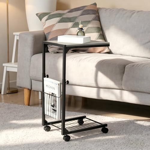 C Shaped End Table Small Couch Side Table with Metal Frame Slide Under Couch Table for Sofa Adjustable Height C Table for Living Room Bedroom Small Spaces, Grey by Makelifemoreconvenient