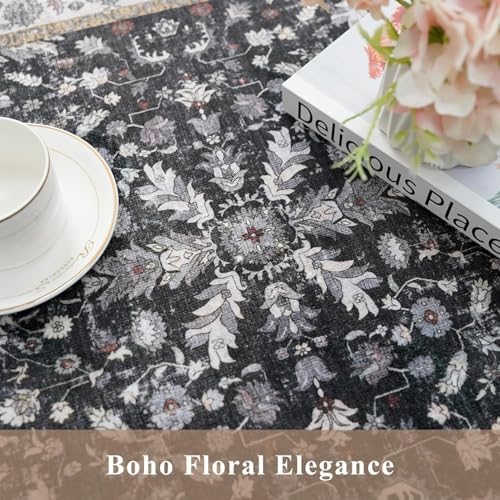 Kitchen Rug Sets 4-Piece with Runner – Washable Non-Slip Floor Mats for Sink, Entryway, Hallway, Bathroom – Soft Low-Pile Thin Boho Floral Rugs, New Home Decor (Black, 2x3+2x4+2x5+2x6) - Image 7