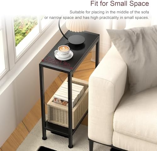 Narrow Side Table Set of 2 for Small Space, 2-Tier Slim End Table, Thin Nightstand, Skinny Snack Couch Table, Sofa Bedside Table in Living Room, Bedroom, Study, Kitchen and Balcony (Black) - Image 4