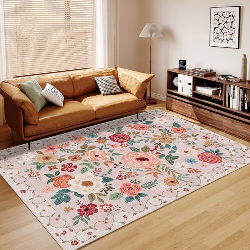 DUKINO 6x9 Area Rugs, Floral Washable Rug for Bedroom Non Slip, Beige - Image 4