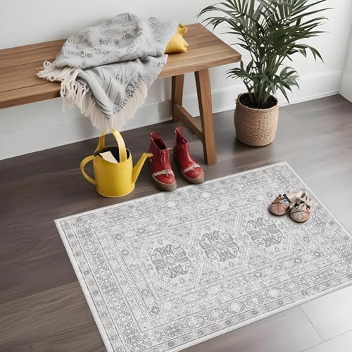 2x3 Area Rug Washable Vintage: Non Slip Throw Rugs for Entryway Floor Grey by Ksrau