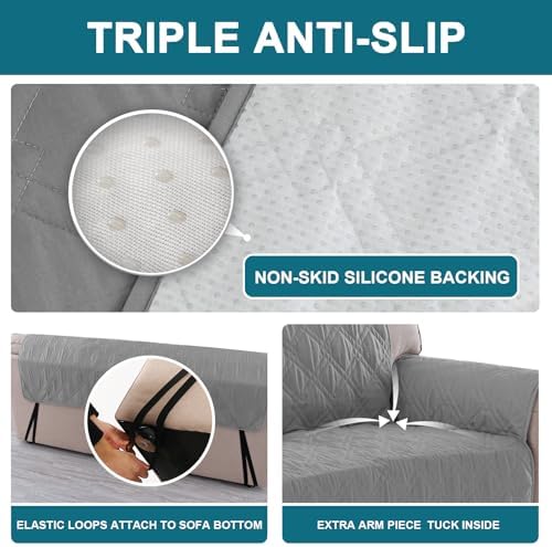 Turquoize 100% Waterproof Couch Cover Sofa Covers for 1 Cushion Couch Chair Covers Triple Non-Slip Washable Furniture Protector Cover for Pets, Kids, Dog (Chair 23", Light Gray) - Image 4