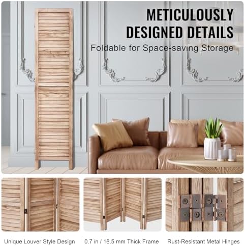VEVOR Wood Room Divider, 4 Panel Wood Folding Privacy Screen, 66.9 Inches Tall Indoor Louvered Wooden Partition, Portable Decoration Screen, for Room Separation, Home, Office, Restaurant & Bedroom - Image 5