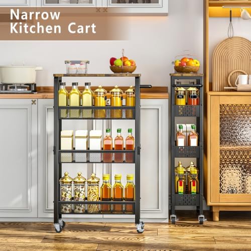 Slim Storage Cart with Wheels, 4 Tier Metal Rolling Organizer with Wood Top and Handle, Narrow Utility Shelf for Kitchen Bathroom Laundry Room, Black - Image 4