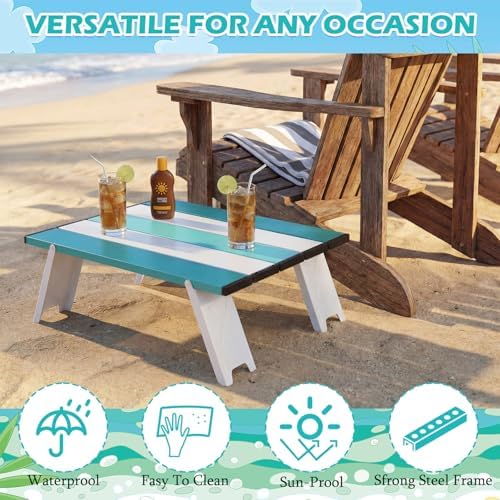 CroBlissful Beach Table Folding Camping Portable Table Striped White Aluminum Side with Carry Bag for Summer Camping Picnics and Outdoor Activities(16x11x5 in,Mint Green) - Image 5