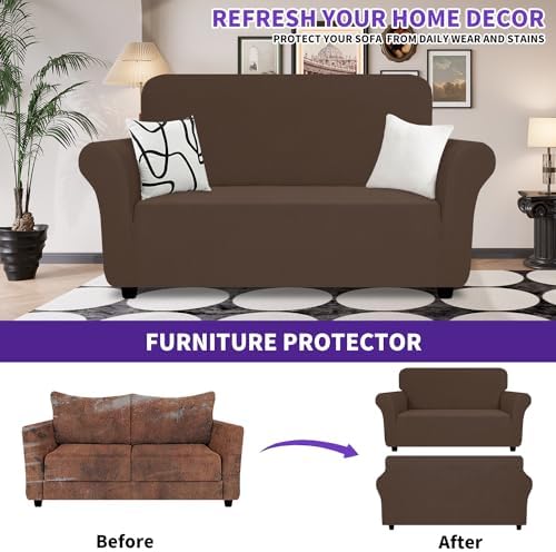 ZNSAYOTX Super Stretch Loveseat Covers (57"-70"), New Striped Love Seat Slipcover, Dogs Pet Friendly Anti-Slip Couch Protector Spandex Durable 2 Seater Fabric Sofa Cover (Coffee, Loveseat) - Image 2