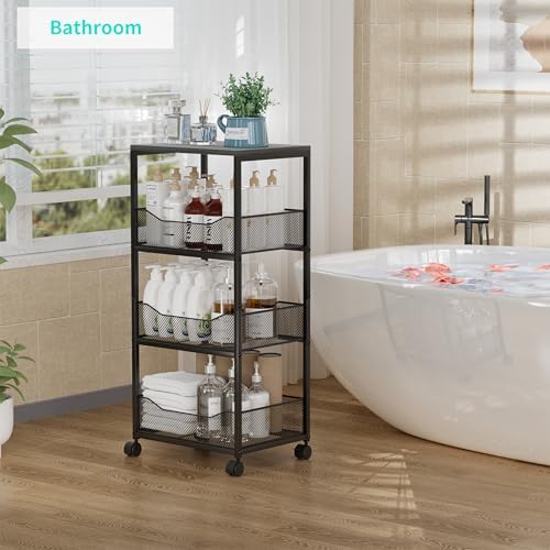HapiRm Fruit Basket Kitchen Cart - 4-Tier Rolling Storage Cart with Wheels, Fruit Vegetable Basket with Wood Top, Pantry Utility Kitchen Organizer for Fruit Potato Onion Vegetable Bread Snack - Image 4