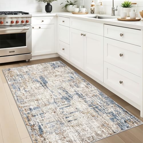 Washable 3x5 Entryway Rug - Non-Slip Soft Low-Pile Thin Small Area Rugs for Kitchen Bedroom Living Room Hallway – Modern Abstract Neutral Door mat Indoor（Blue Brown） - Image 3