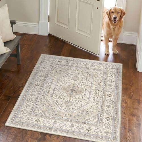 Puino 3x3 Square Washable Area Rug - Non-Slip Vintage Throw Rugs Beige Gray by Puino