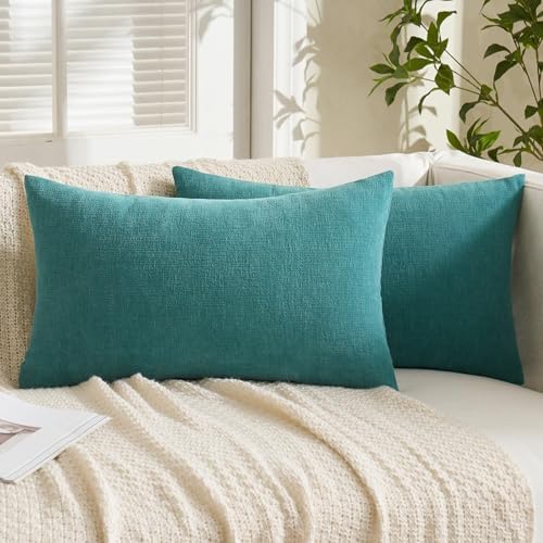 MIULEE Teal Chenille Couch Lumbar Throw Pillow Covers, 12x20 - Image 3