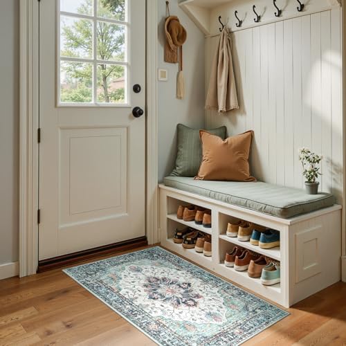 RELEANY Washable Area Rug, Small 2'x4', Teal Green/White/Navy by RELEANY