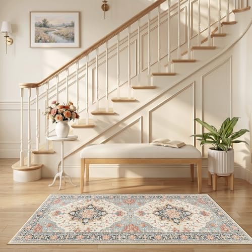 RELEANY Washable Area Rug, Runner 2'6"x5', Beige/Blue/Orange - Image 2