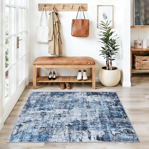 3x4 Washable Entryway Area Rug - Non-Slip Modern Small Indoor Mat for Bathroom,Living Room,Bedroom - Abstract Neutral Soft Low-Pile Throw Carpet with Rubber Backing（Blue） - Image 4