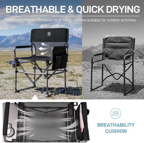 EVER ADVANCED Camping Directors' Chair with Side Table, Portable Folding with Compact Size, Breathable & Quick Dry Design Heavy Duty Lawn Chair with Pocket, 400lbs, Textilene Mesh, Black - Image 4