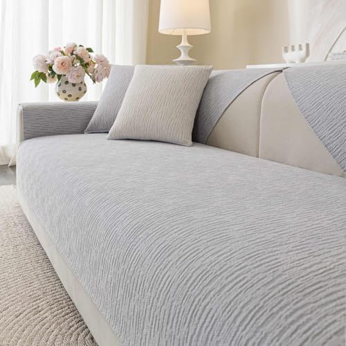 Soft Waterproof Chenille Cover Washable, Non Slip Sectional Sofa Covers for 3 Cushion Couch Sofa L Sharped Sofa Slipcover for Pets, Furniture Protector (1 PCS 36"x82" Light Grey) by Aucrovee