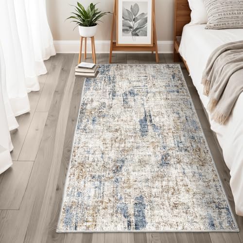 3x6 Washable Non-Slip Kitchen Runner Rug – Modern Abstract Wide Floor Carpet Runner with Rubber Backing for Entryway, Hallway, Bathroom, Living Room, Low Pile Thin (Blue Brown) - Image 4
