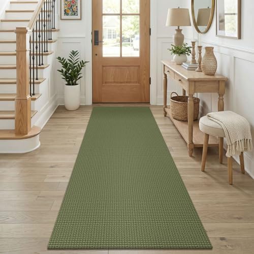 KOZYFLY Cotton Runners for Hallway 2.5'x8', Washable Runner Rug, Woven Non Slip Kitchen Runner, Braided Entryway Rug, Floor Carpet for Foyer, Bedroom, Hall, Olive Green/Earthy Green by KOZYFLY