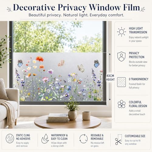 Static Cling Window Privacy Film, 78" x 17" Frosted Glass Covering with Wildflower & Botanical Patterns, Removable No Glue Window Film for Home Bathroom Bedroom Office (Butterfly Floral) - Image 6