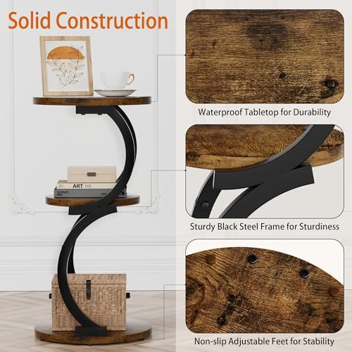Small Side Table, 3-Tier Round End Table for Small Spaces, Rustic Brown - Image 5